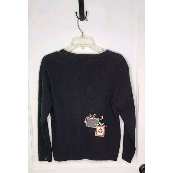 Talbots Ugly Christmas Sweater Cardigan Black Santa Applique Petite Small Ramie - Picture 2 of 8
